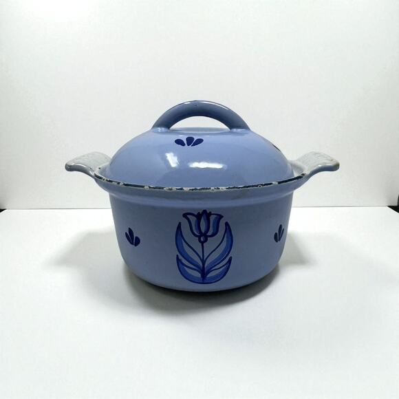 Vintage DRU Holland Blue Tulip Enamel Cast Iron #12 Round Baker Dutch Oven 70s - Picture 1 of 5